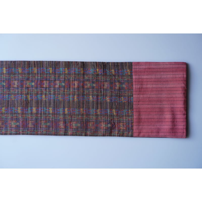 半幅帯 正絹 リバーシブル 紬のパッチワーク マルチカラー 半幅帯 正絹