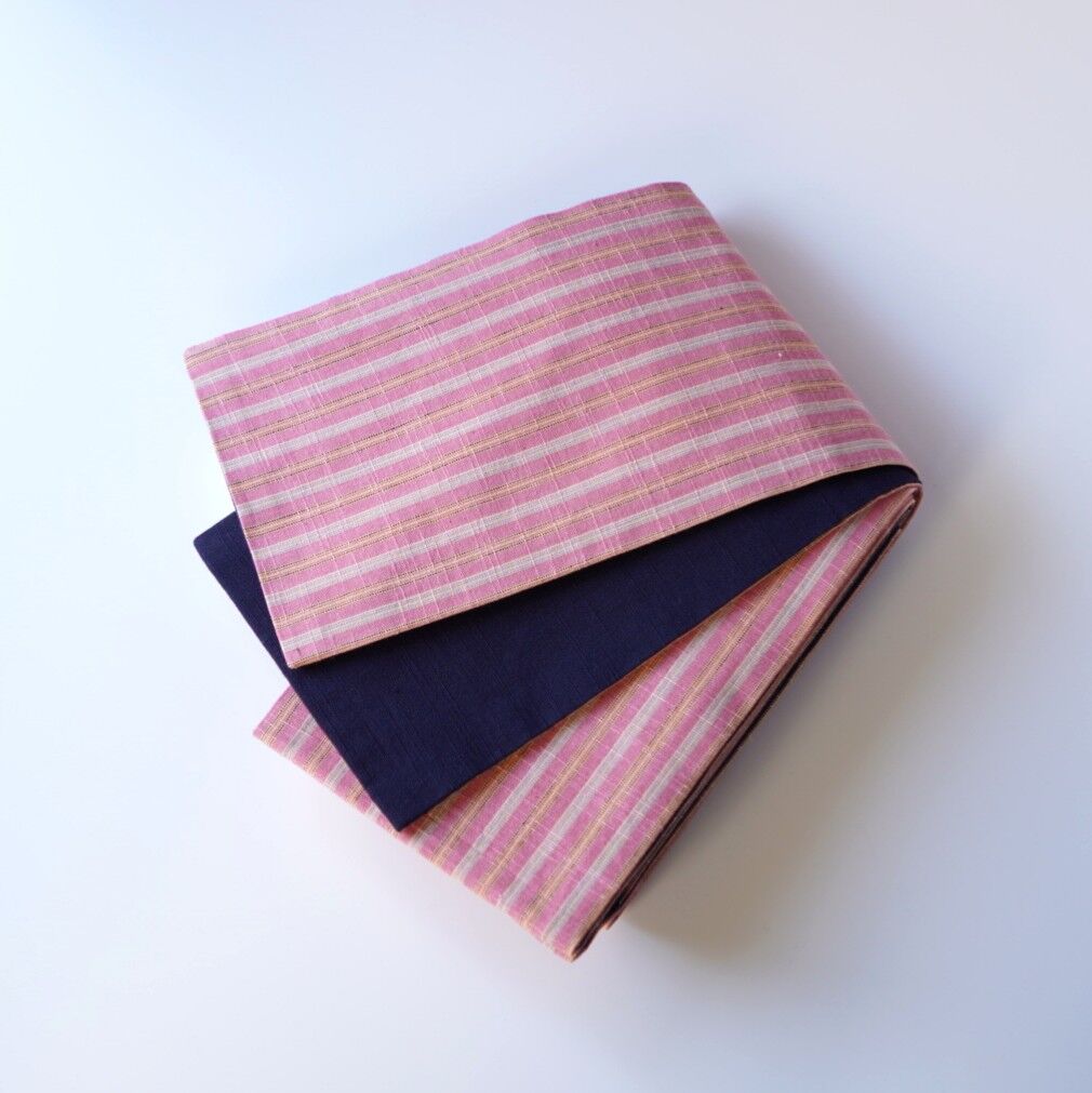 会津木綿半幅帯 紺色無地 × 桃色地に両子持縞 | 古今堂 ふだん着物屋