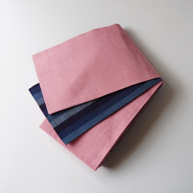 会津木綿半幅帯 桃色無地×鰹縞 | 古今堂 ふだん着物屋