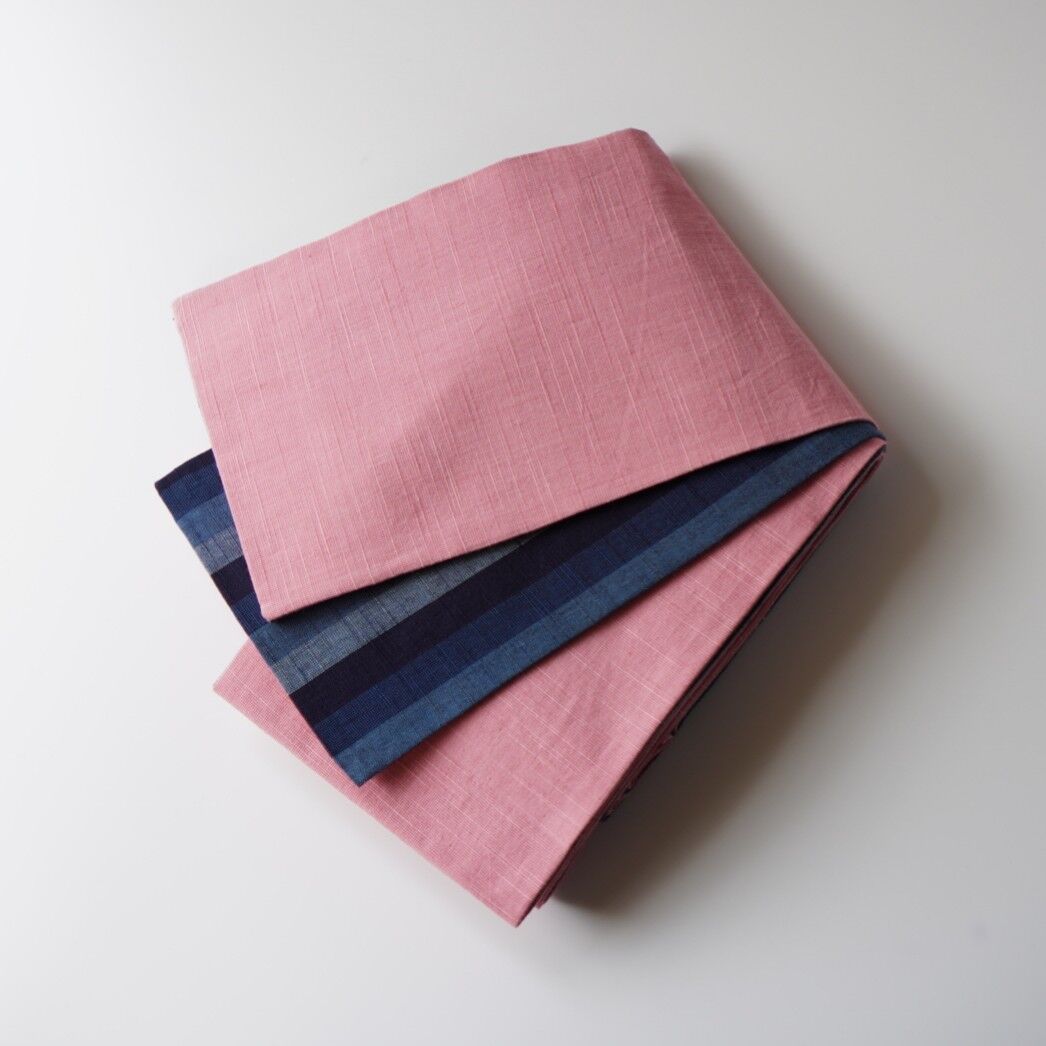 会津木綿半幅帯 桃色無地×鰹縞 | 古今堂 ふだん着物屋