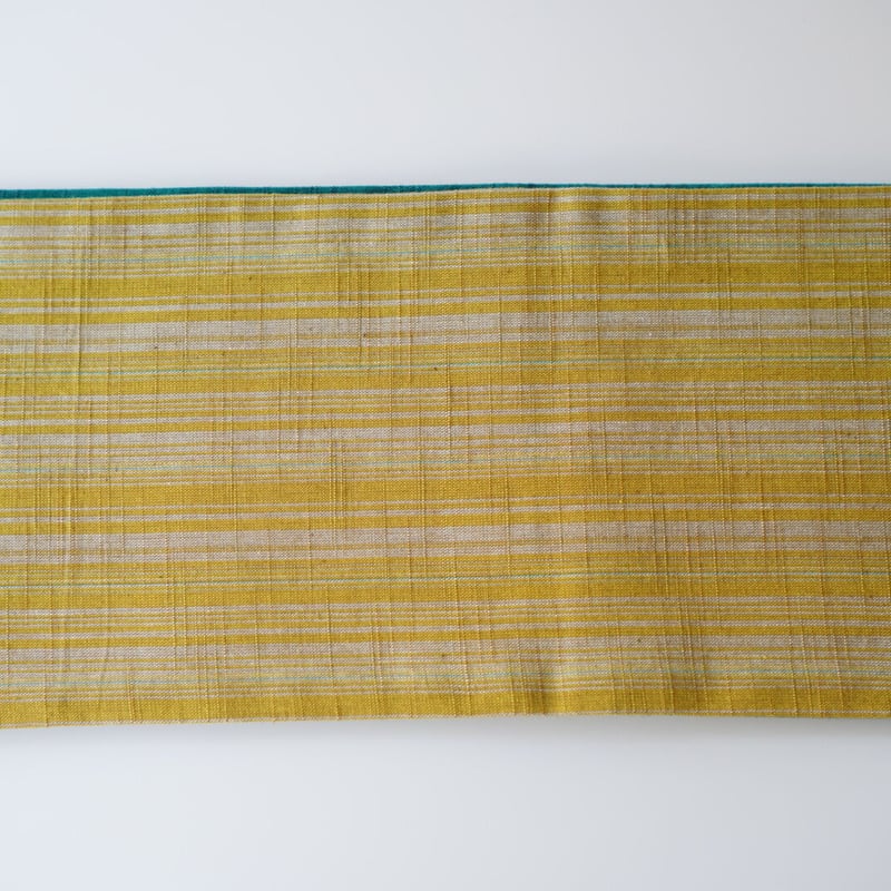 会津木綿半幅帯 15cm幅 孔雀緑色無地 × 辛子色縞柄 | 古今堂 ふだん着物屋