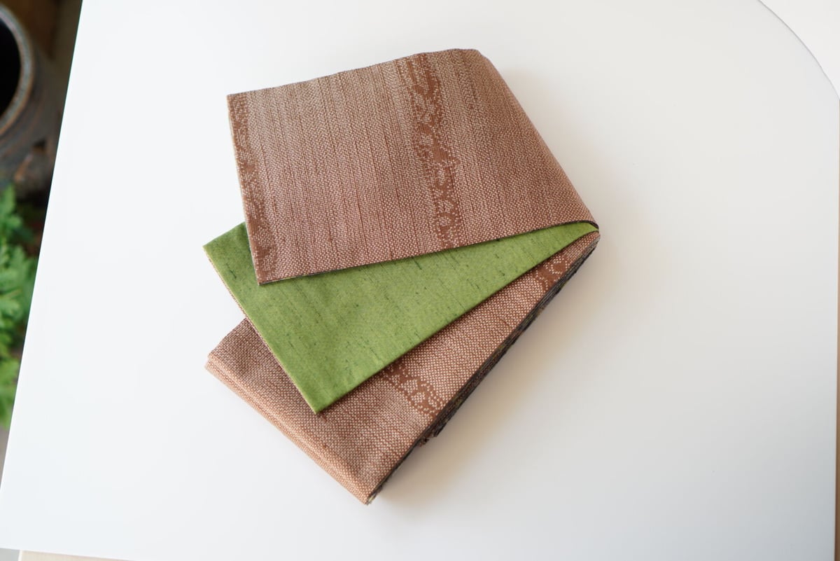 半幅帯　ダマスク　リーフ　グリーン　パッチワーク　正絹紬 半幅帯 ダマスク リーフ グリーン パッチワーク 正絹紬 - メルカリ