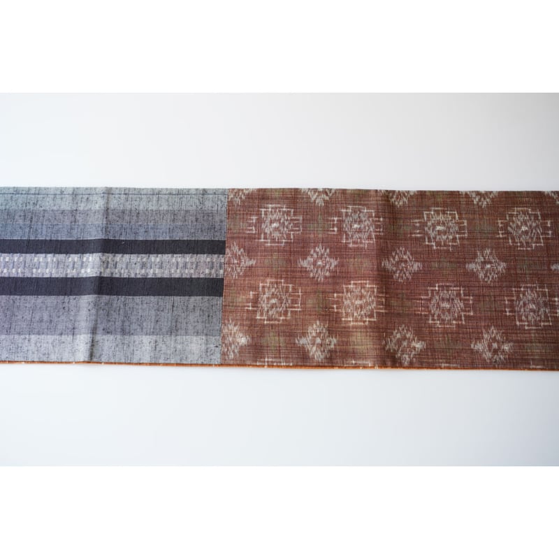 紬半幅帯 パッチワーク×橙色紬地に手描き芝草模様 | 古今堂 ふだん着物屋