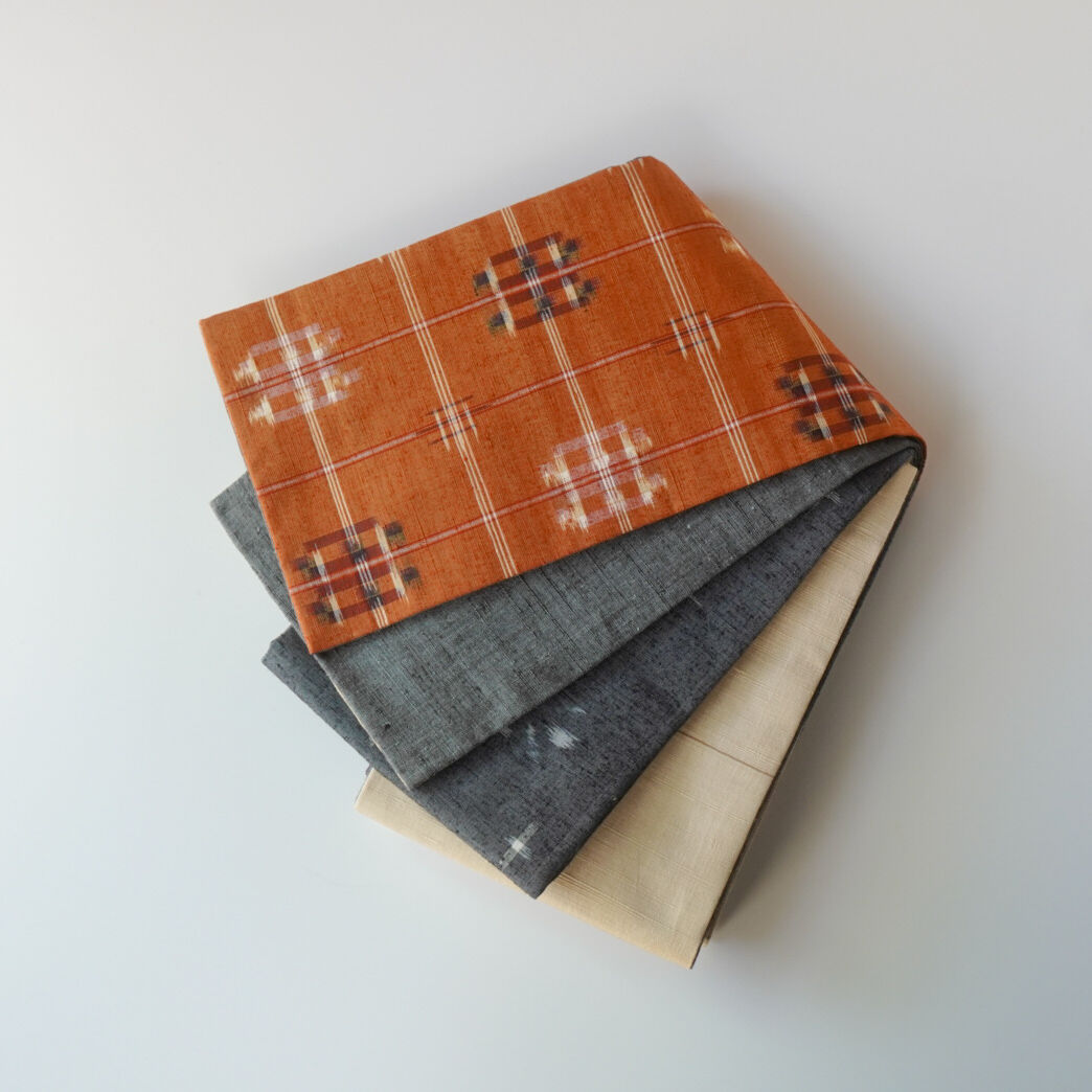 紬半幅帯 パッチワーク × 藍鼠色の真綿紬無地 | 古今堂 ふだん着物屋