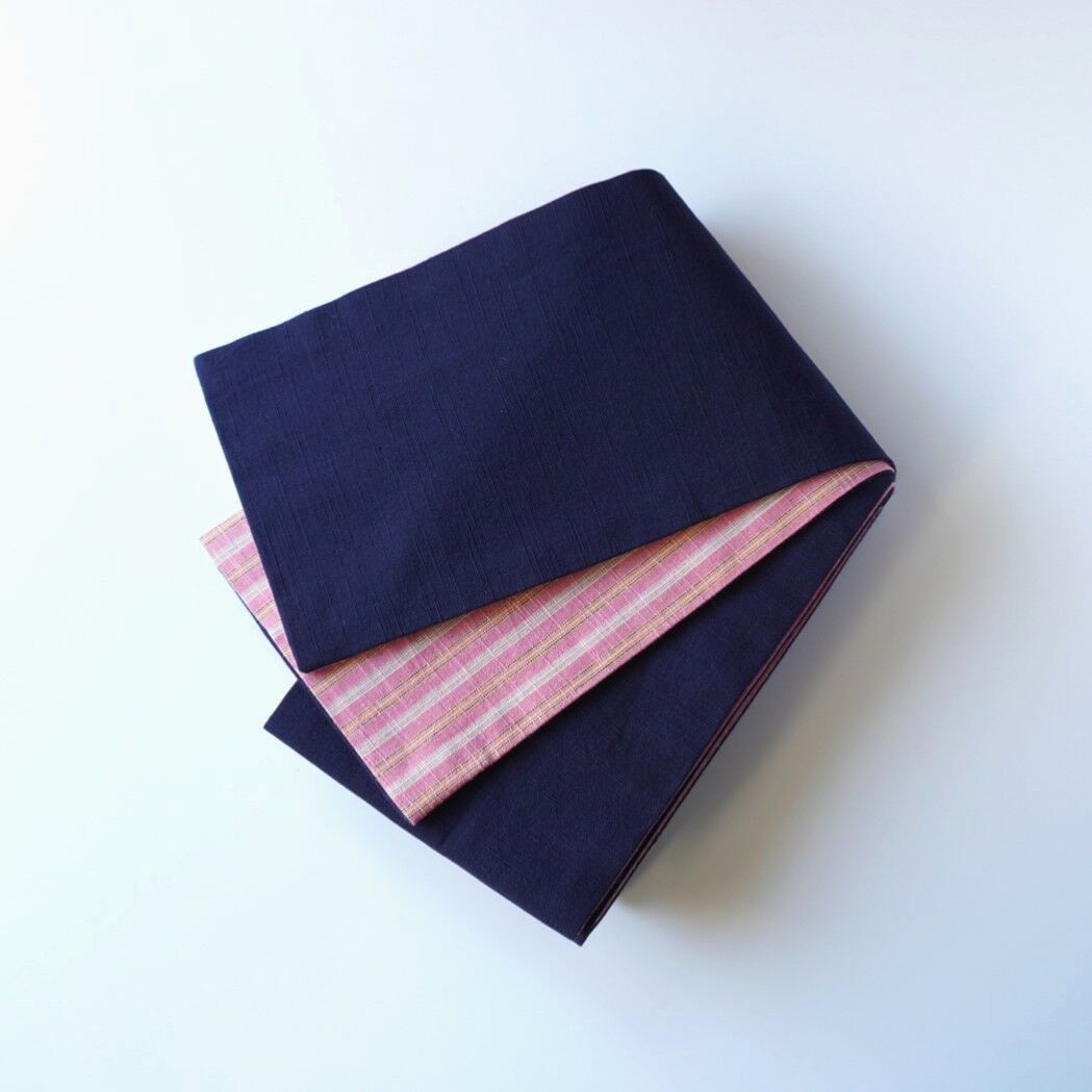 会津木綿半幅帯 紺色無地 × 桃色地に両子持縞 | 古今堂 ふだん着物屋