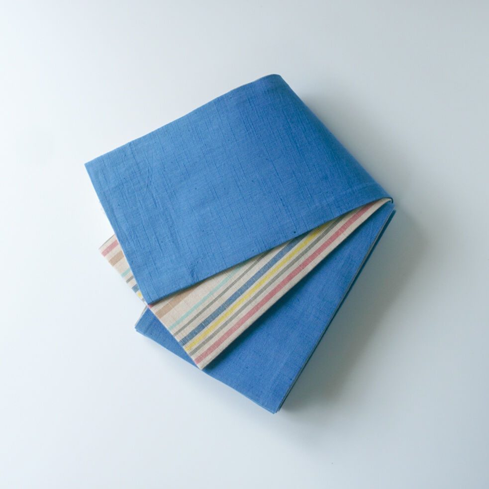 会津木綿半幅帯 天色無地 × 亜麻色地に矢鱈縞 | 古今堂 ふだん着物屋