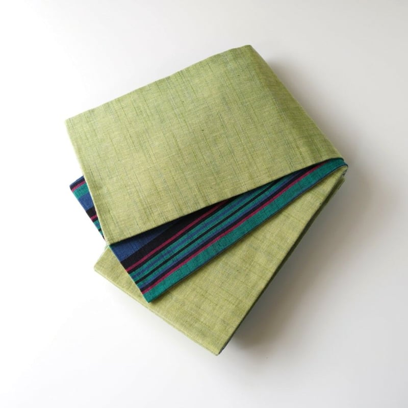 半幅帯 会津木綿半幅帯 若草色無地×緑と青に赤黒の矢鱈縞 | 古今堂 ふだん着物屋