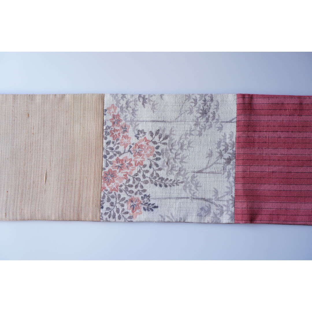 紬半幅帯 パッチワーク×二人静の真綿紬無地 | 古今堂 ふだん着物屋