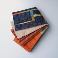 紬半幅帯  パッチワーク×桑色地に蔓草花刺繍
