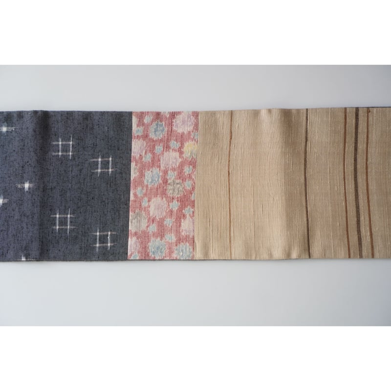 紬半幅帯 パッチワーク × 藍鼠色の真綿紬無地 | 古今堂 ふだん着物屋