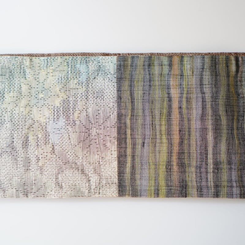 半幅帯 正絹 リバーシブル 紬のパッチワーク マルチカラー 紬半幅帯 パッチワーク×御所染色無地 | 古今堂 ふだん着物屋