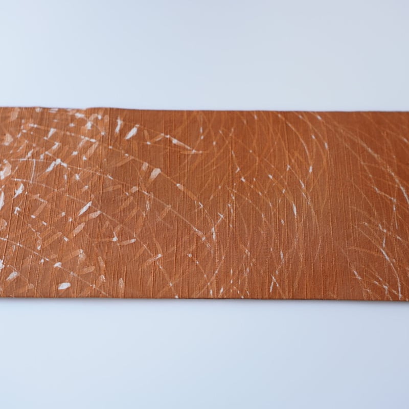 紬半幅帯 パッチワーク×橙色紬地に手描き芝草模様 | 古今堂 ふだん着物屋