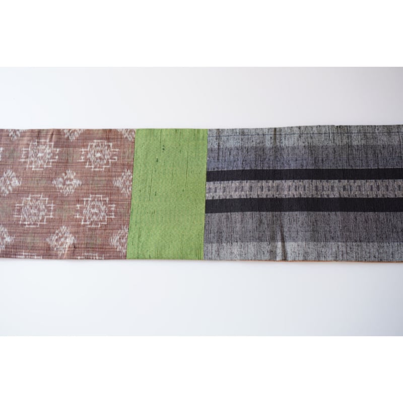 紬半幅帯 パッチワーク×橙色紬地に手描き芝草模様 | 古今堂 ふだん着物屋