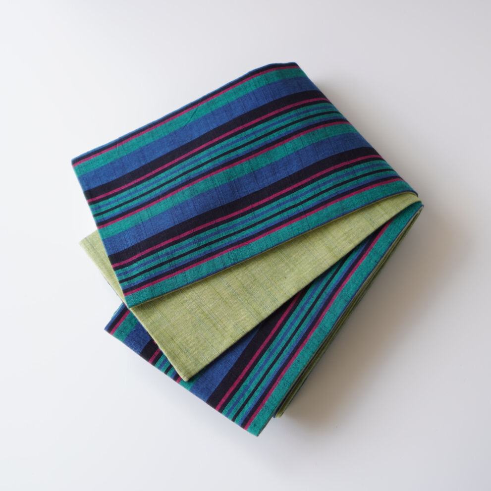 会津木綿半幅帯 若草色無地×緑と青に赤黒の矢鱈縞 | 古今堂 ふだん着物屋