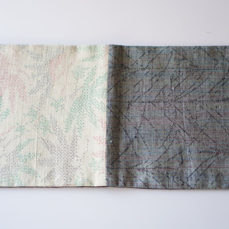 紬半幅帯 パッチワーク×濃紺地に飛び柄十字絣 | 古今堂 ふだん着物屋