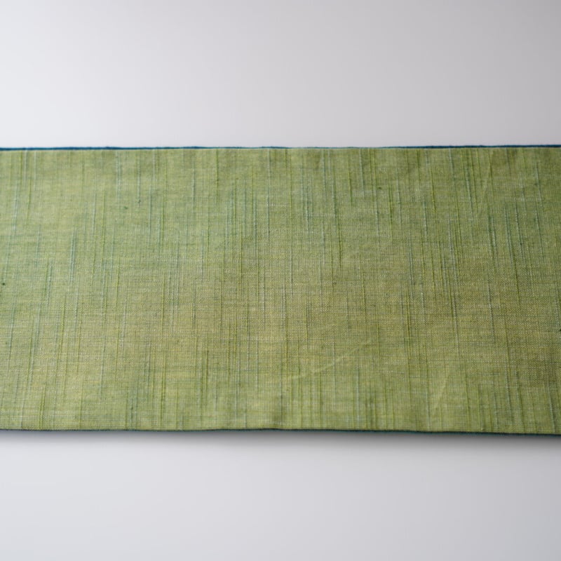 会津木綿半幅帯 若草色無地×緑と青に赤黒の矢鱈縞 | 古今堂 ふだん着物屋