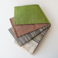 紬半幅帯  緑系生のパッチワーク×茶色地に唐草文