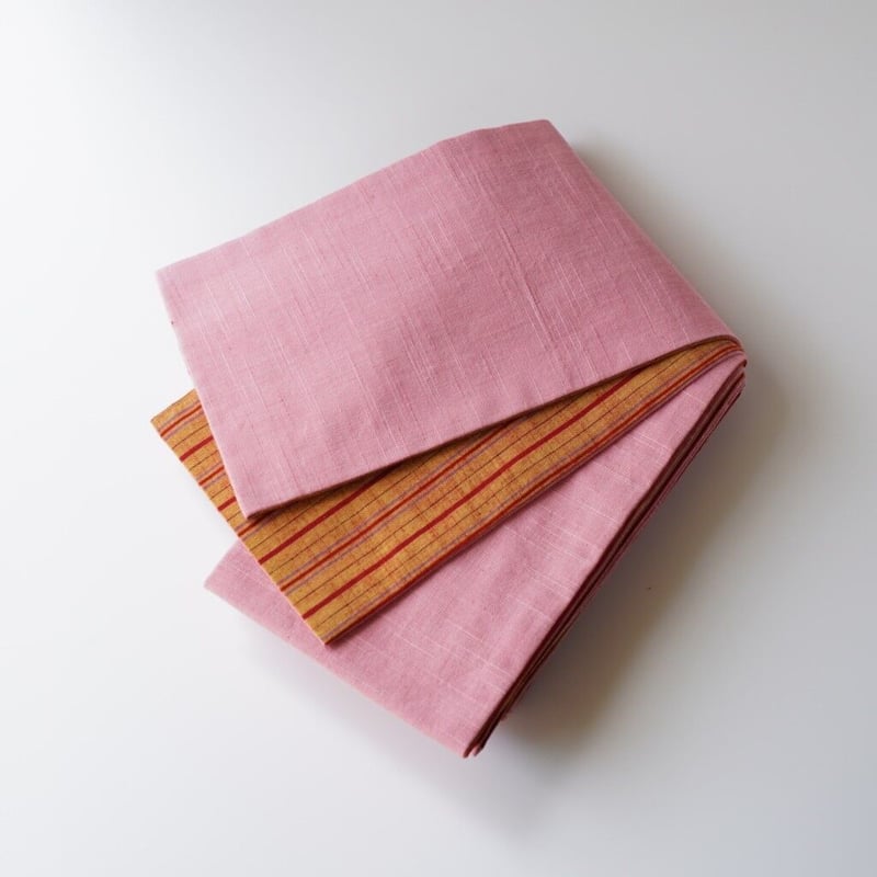 会津木綿半幅帯 桃色無地×蜜柑色地に子持縞 | 古今堂 ふだん着物屋