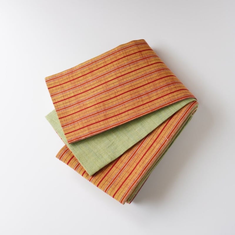 会津木綿半幅帯 若草色無地×蜜柑色地に子持ち縞 | 古今堂 ふだん着物屋