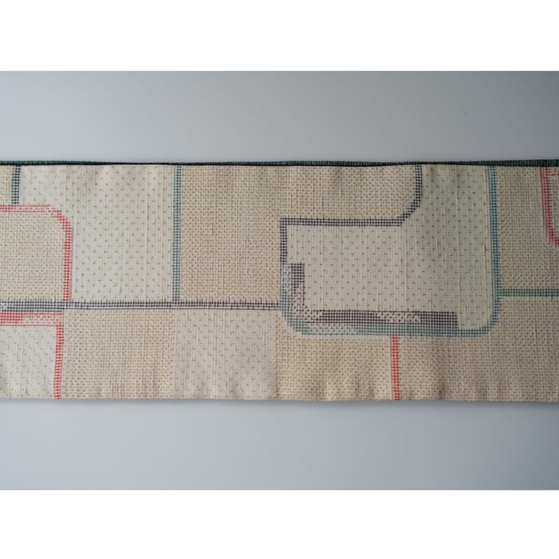 紬半幅帯 パッチワーク×生成色地に幾何学文様 | 古今堂 ふだん着物屋