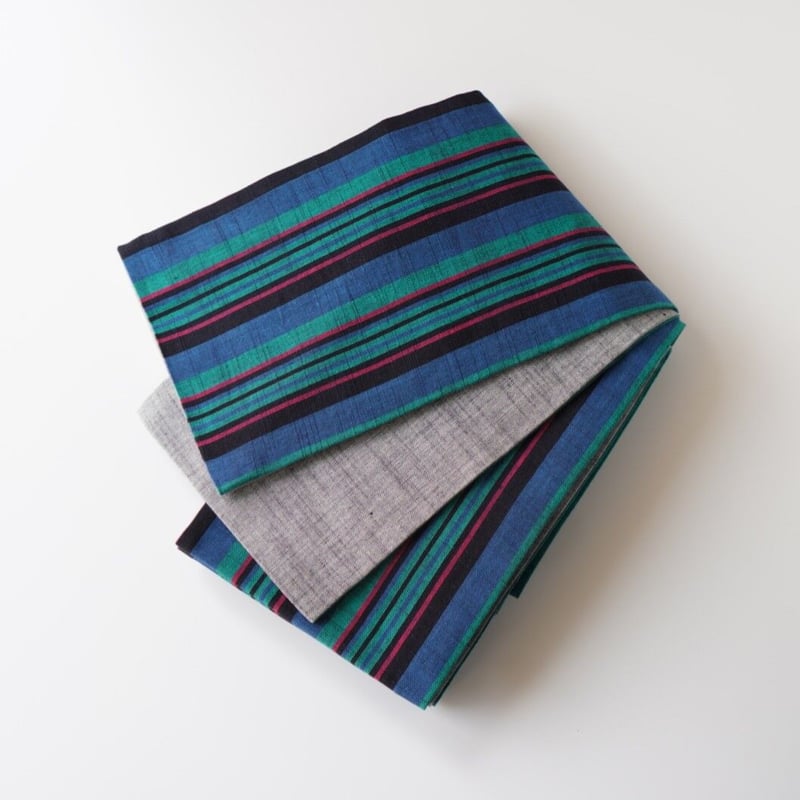 会津木綿半幅帯 銀鼠色無地×緑と青に赤黒の矢鱈縞 | 古今堂 ふだん着物屋