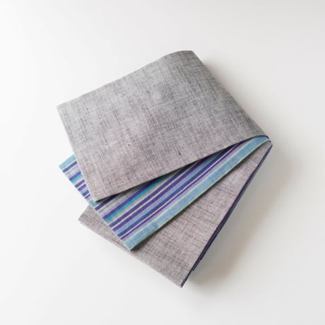 会津木綿半幅帯   銀鼠色無地×青と紫の矢鱈縞