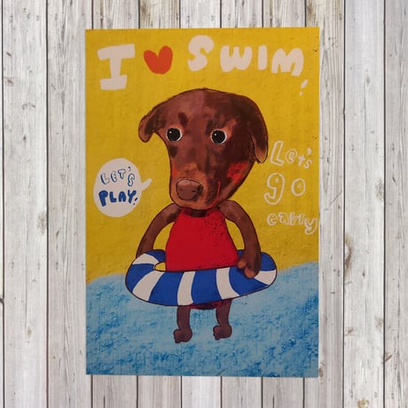 A4ポスター　swimming  -Labrador Retriever（ラブラドールレトリバー）