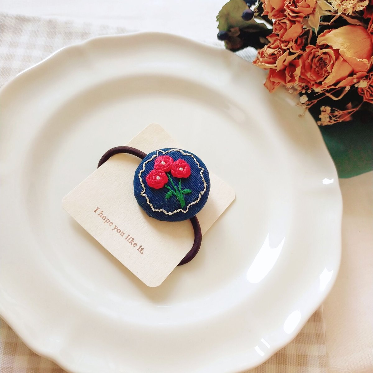 ミントカラー薔薇刺繍2.7センチくるみボタンヘアゴム2点セット 250a71a288375f518371df9fccaa67