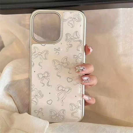 【お取り寄せ商品】iPhoneケース スマホケース iPhone16 iPhone15 iPhone14 おしゃれ シルバー サイド ホワイト リボン ハート L9806
