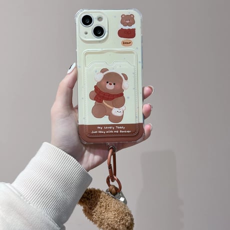 【お取り寄せ商品】iPhoneケース スマホケース iPhone15 iPhone14 ハンドストラップ付き カードホルダー クマ くま bear レトロ ファンシー かわいい 韓国 L7782