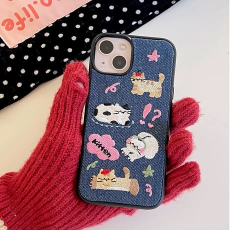 【お取り寄せ商品】iPhoneケース スマホケース iPhone16 iPhone15 ぬいぐるみ 猫 韓国っぽ 可愛い デニム M7022