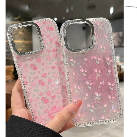 【お取り寄せ商品】iPhoneケース スマホケース iPhone16 iPhone15 iPhone14 可愛い ストーン ピンク 花柄 チューリップ デイジー L9523