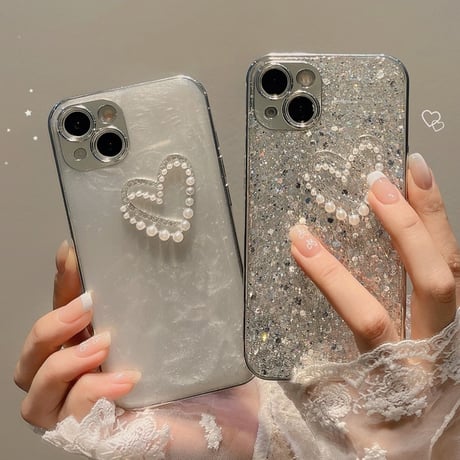 【お取り寄せ商品】iPhoneケース スマホケース iPhone15 iPhone14 立体 パールハート ペイント風 キラキラ ラメ グリッター きれいめ かわいい 韓国 L7853