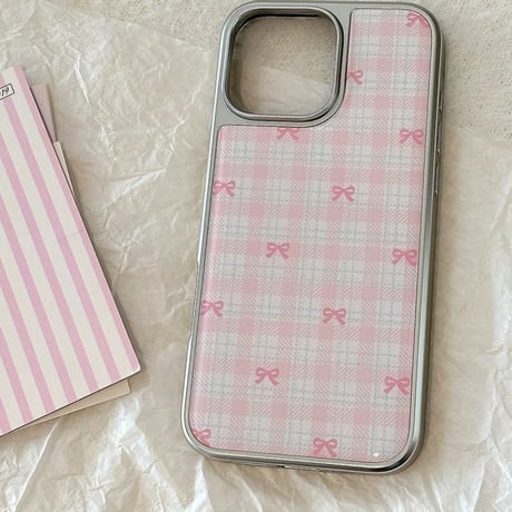 【お取り寄せ商品】iPhoneケース スマホケース iPhone16 iPhone15 iPhone14 可愛い チェック柄 ピンク ブルー リボン L9834