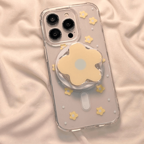 【お取り寄せ商品】iPhoneケース スマホケース iPhone15 iPhone14 グリップ付き スタンド フラワー 花 英字 透明 クリア 磁気 かわいい 韓国 L7421