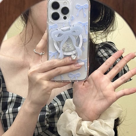 【お取り寄せ商品】iPhoneケース スマホケース iPhone15 iPhone14 リボン Magsafe グリップ付き スタンド 透明 磁気 ガーリー かわいい 韓国 L7805