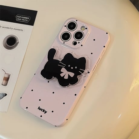 【お取り寄せ商品】iPhoneケース スマホケース iPhone15 iPhone14 黒猫ハンドグリップ 水玉 パステルカラー L7981
