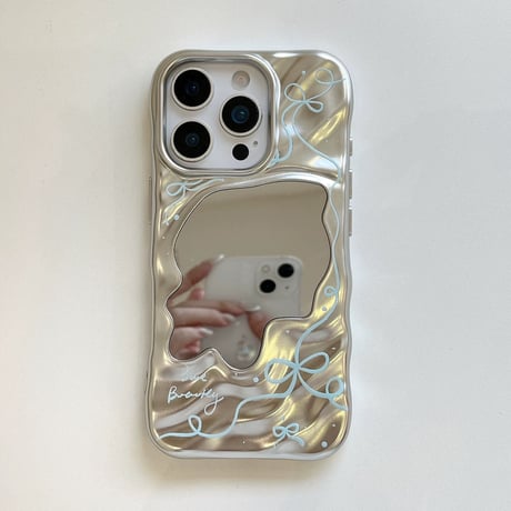 【お取り寄せ商品】iPhoneケース スマホケース iPhone16 iPhone15 iPhone14 かわいい ミラー付き 韓国 ブルー リボン L9848