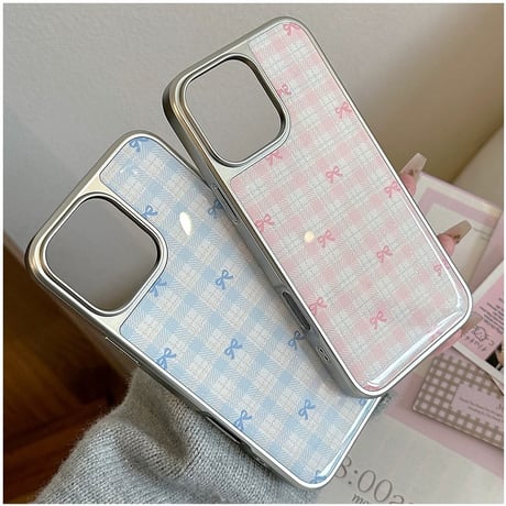 【お取り寄せ商品】iPhoneケース スマホケース iPhone16 iPhone15 iPhone14 可愛い チェック柄 ピンク ブルー リボン L9834