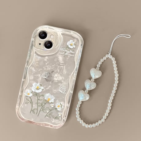 【お取り寄せ商品】iPhoneケース スマホケース iPhone15 iPhone14 フラワー 花柄 デイジー ストラップ付き シェルパターンシート 透明 ウェーブ かわいい 韓国 L7891