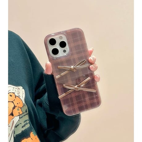 【お取り寄せ商品】iPhoneケース スマホケース iPhone17 iPhone16 iPhone15 リボン チェック ブラウン 秋冬 大人可愛い M7097