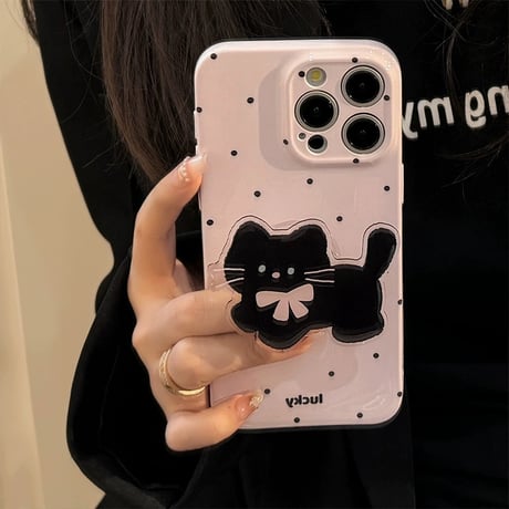 【お取り寄せ商品】iPhoneケース スマホケース iPhone15 iPhone14 黒猫ハンドグリップ 水玉 パステルカラー L7981