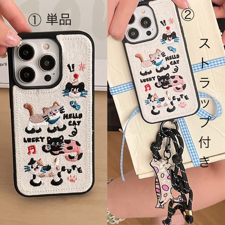 【お取り寄せ商品】iPhoneケース スマホケース iPhone16 iPhone15 iPhone14 かわいい キュート 刺繍 猫 L9219