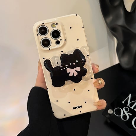 【お取り寄せ商品】iPhoneケース スマホケース iPhone15 iPhone14 黒猫ハンドグリップ 水玉 パステルカラー L7981