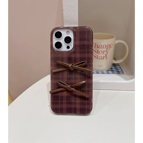 【お取り寄せ商品】iPhoneケース スマホケース iPhone17 iPhone16 iPhone15 リボン チェック ブラウン 秋冬 大人可愛い M7097