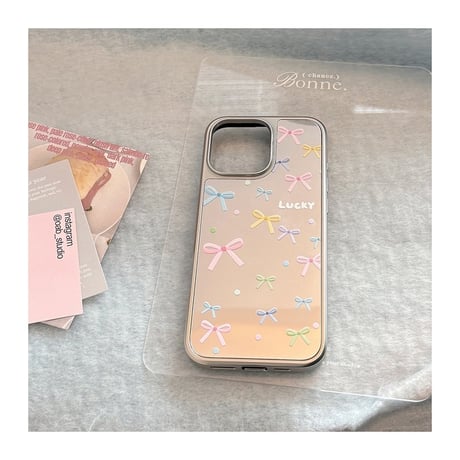 【お取り寄せ商品】iPhoneケース スマホケース iPhone16 iPhone15 iPhone14 可愛い おしゃれ リボン ミラー付き カラフル  L9381