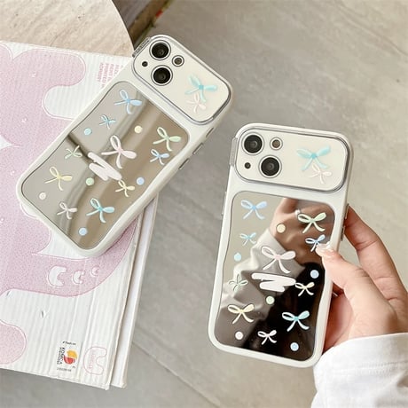 【お取り寄せ商品】iPhoneケース スマホケース iPhone16 iPhone15 iPhone14 韓国 可愛い カラフル リボン ミラー付き 大人可愛い L9875