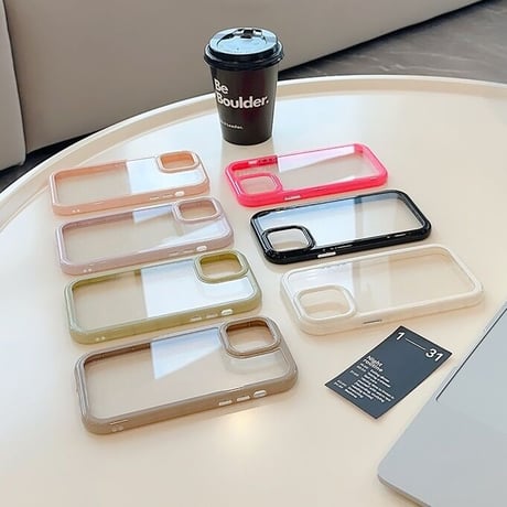 【お取り寄せ商品】iPhoneケース スマホケース iPhone15 iPhone14 カラーフレーム クリームカラー くすみカラー 透明 シンプル ニュアンス オシャレ かわいい 韓国 L7403