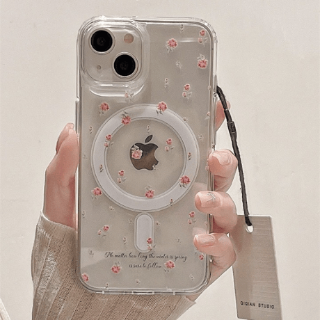 【お取り寄せ商品】iPhoneケース スマホケース iPhone15 iPhone14 Magsafe ワイヤレス充電 磁気 グリップ付き 小花柄 ミラー 透明 ガーリー 韓国 L7928