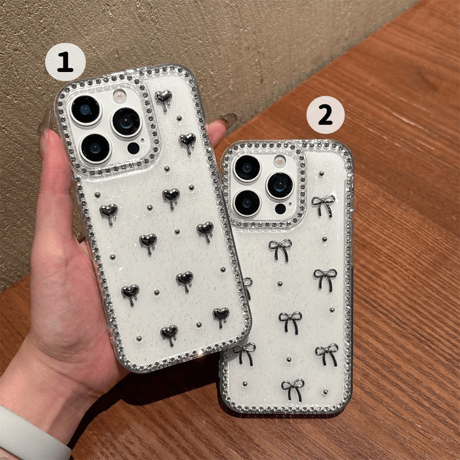 【お取り寄せ商品】iPhoneケース スマホケース iPhone16 iPhone15 iPhone14 キラキラ リボン ハート ストーン付き L9856